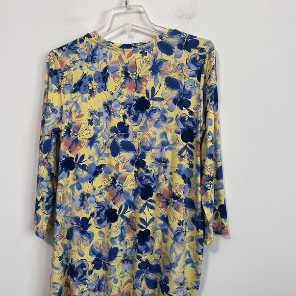 LOGO Lori Goldstein Top Tunic S Yellow Blue Floral Asymmetric Hem Pocket Casual - Picture 8 of 11